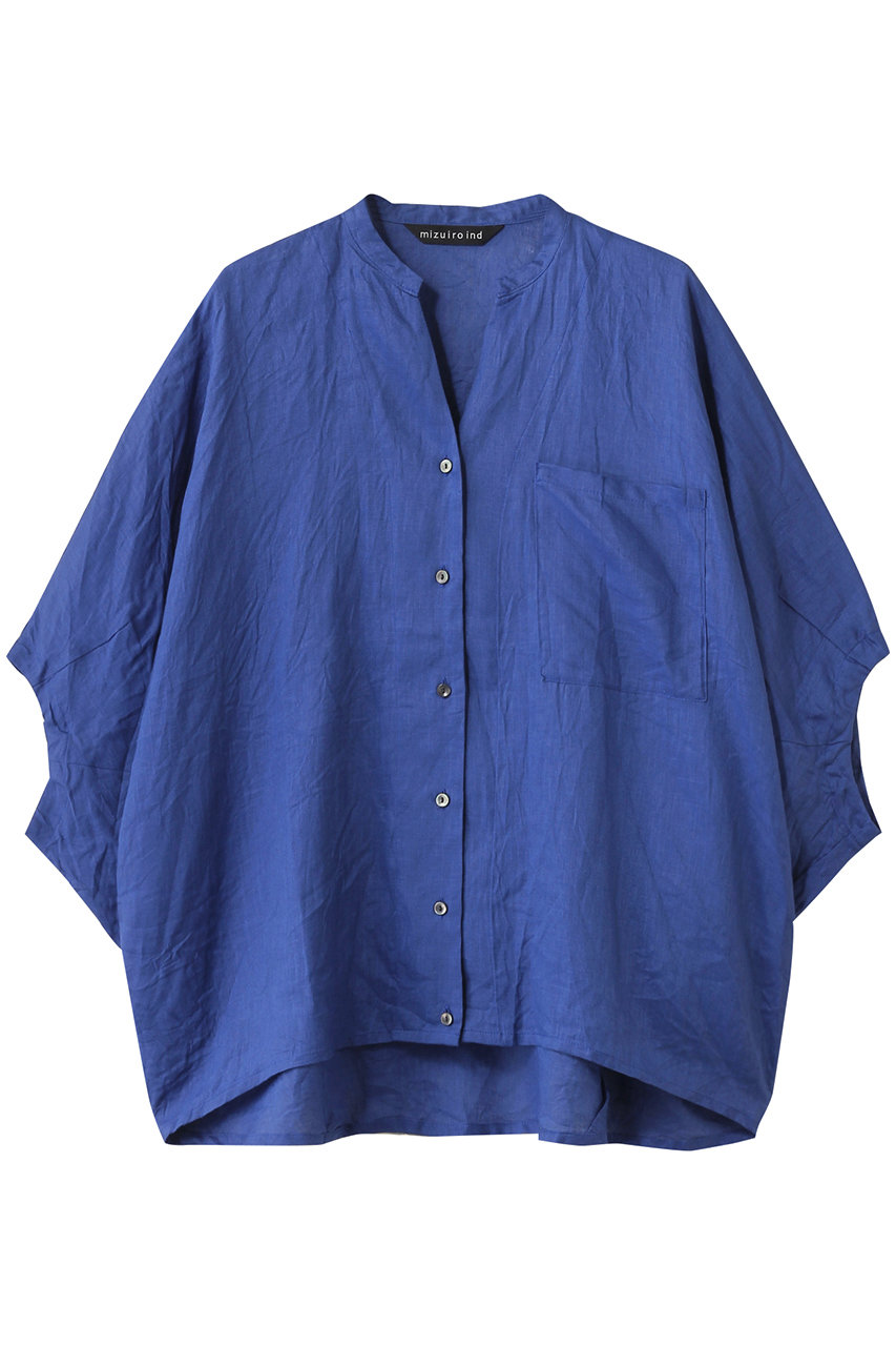 mizuiro ind linen stand collar cocoon shirt シャツ (blue, F) ミズイロインド ELLE SHOP mizuiro ind linen stand collar cocoon shirt シャツ (blue, F) ミズイロインド ELLE SHOP