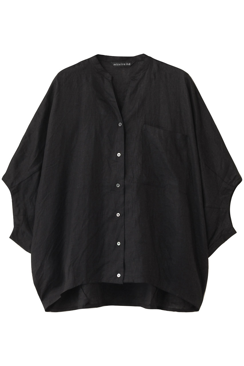 mizuiro ind linen stand collar cocoon shirt シャツ (black, F) ミズイロインド ELLE SHOP mizuiro ind linen stand collar cocoon shirt シャツ (black, F) ミズイロインド ELLE SHOP
