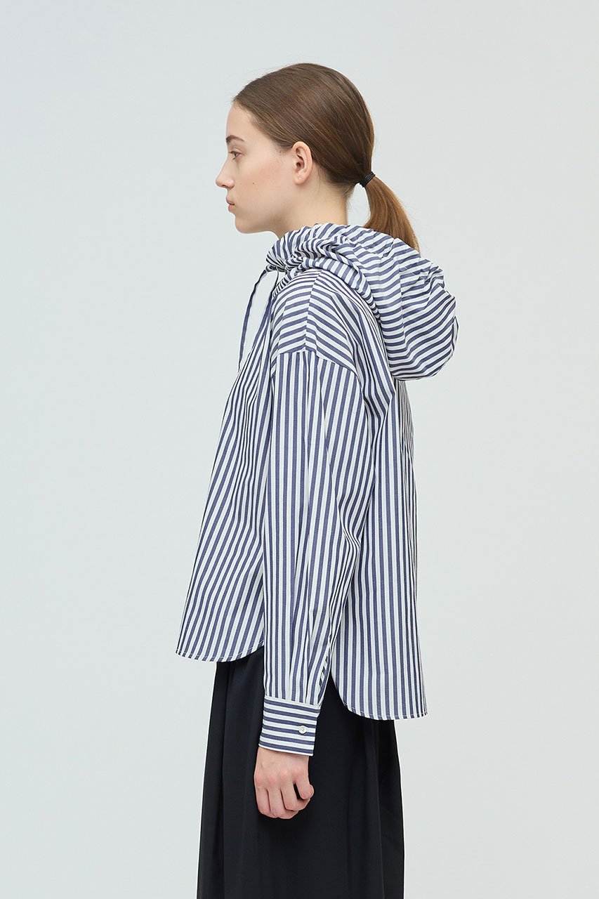 mizuiro ind(ミズイロインド)｜ストライプフードシャツ/navy の通販