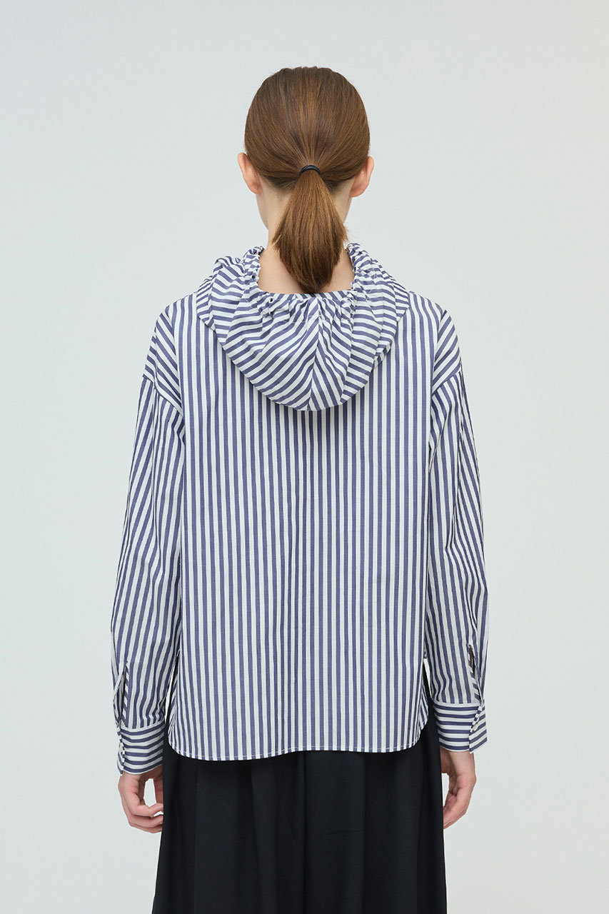 mizuiro ind(ミズイロインド)｜ストライプフードシャツ/navy の通販