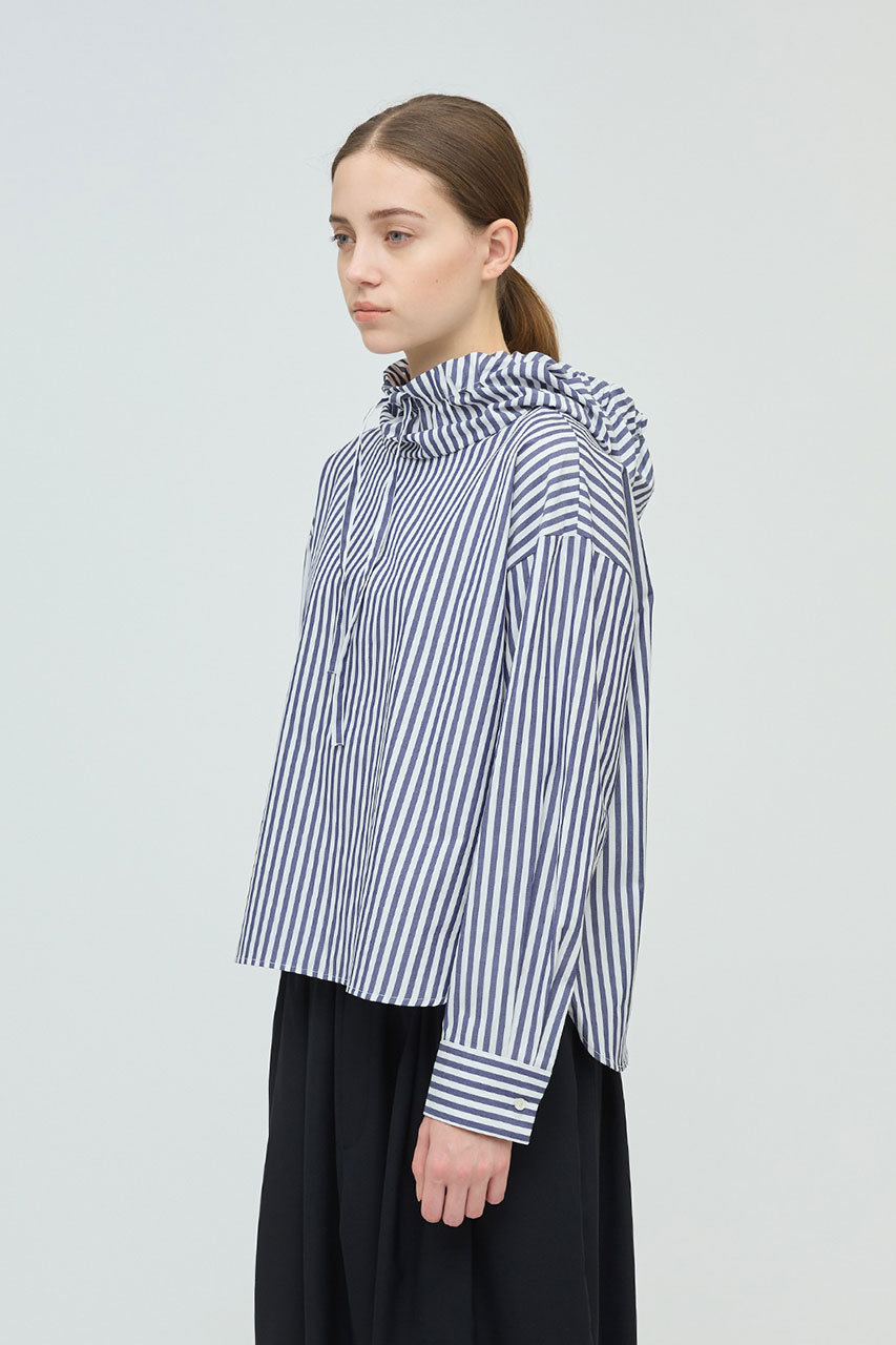 mizuiro ind(ミズイロインド)｜ストライプフードシャツ/navy の通販