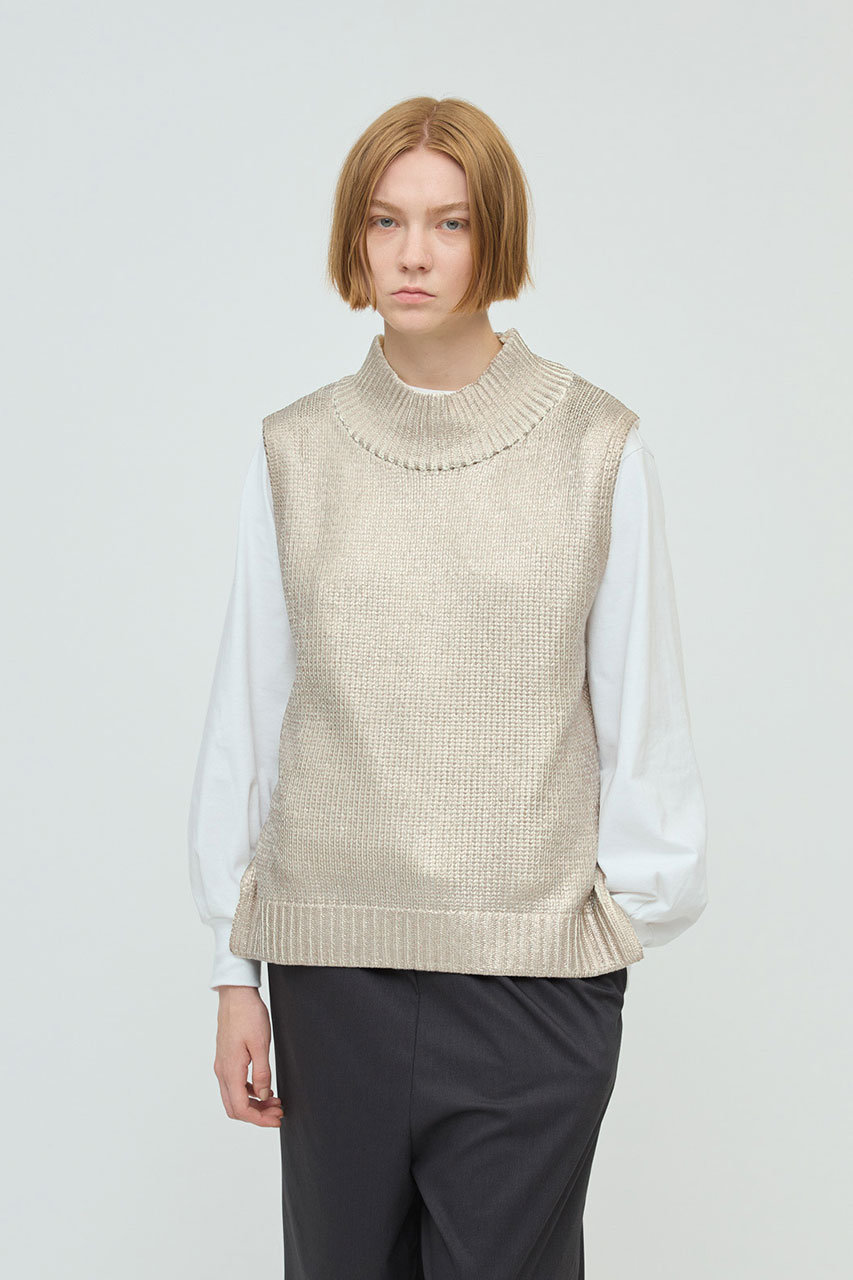 mizuiro ind(ミズイロインド)｜箔プリントハイネックベスト/off white