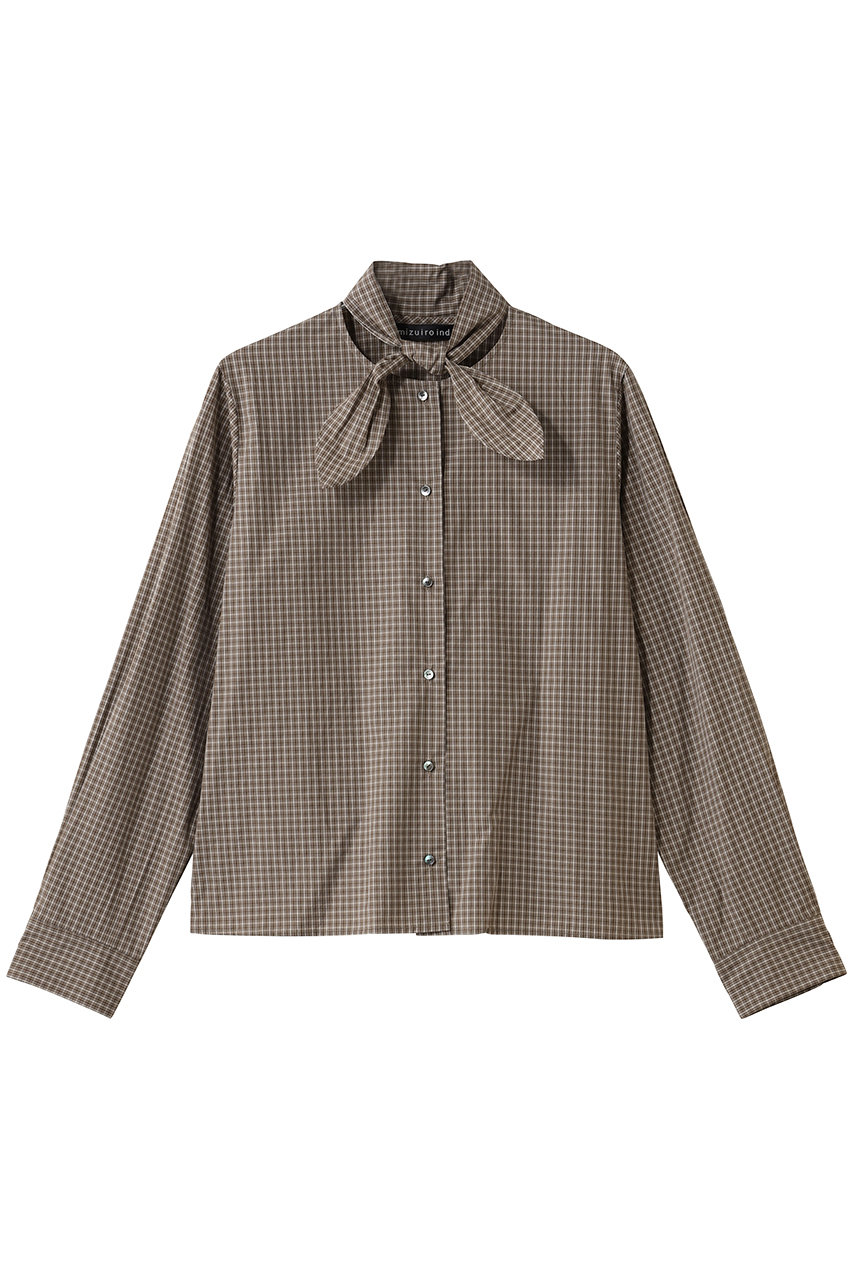 mizuiro ind(ミズイロインド)｜チェックリボンタイシャツ/brown の通販