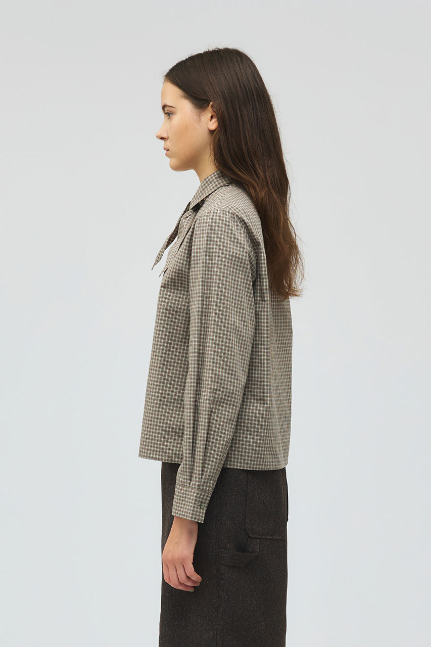 mizuiro ind(ミズイロインド)｜チェックリボンタイシャツ/brown の通販