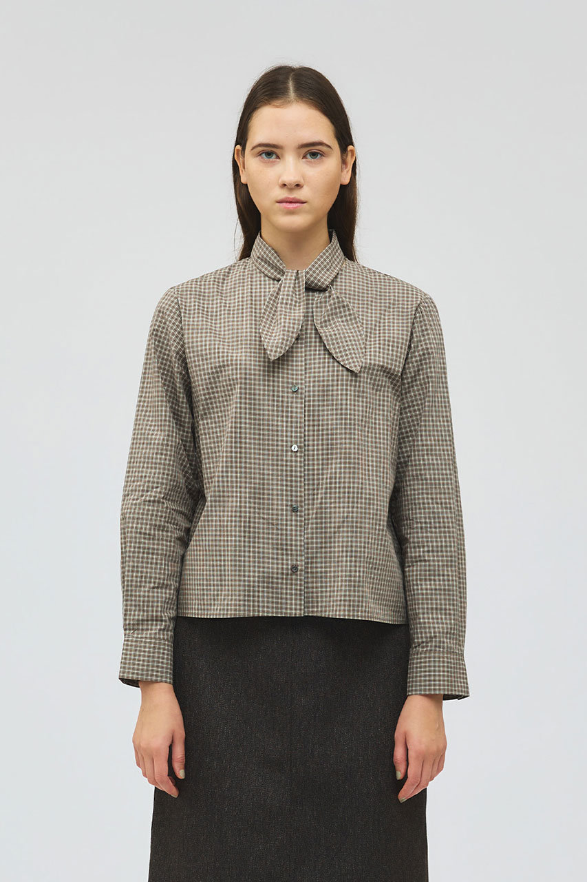 mizuiro ind(ミズイロインド)｜チェックリボンタイシャツ/brown の通販