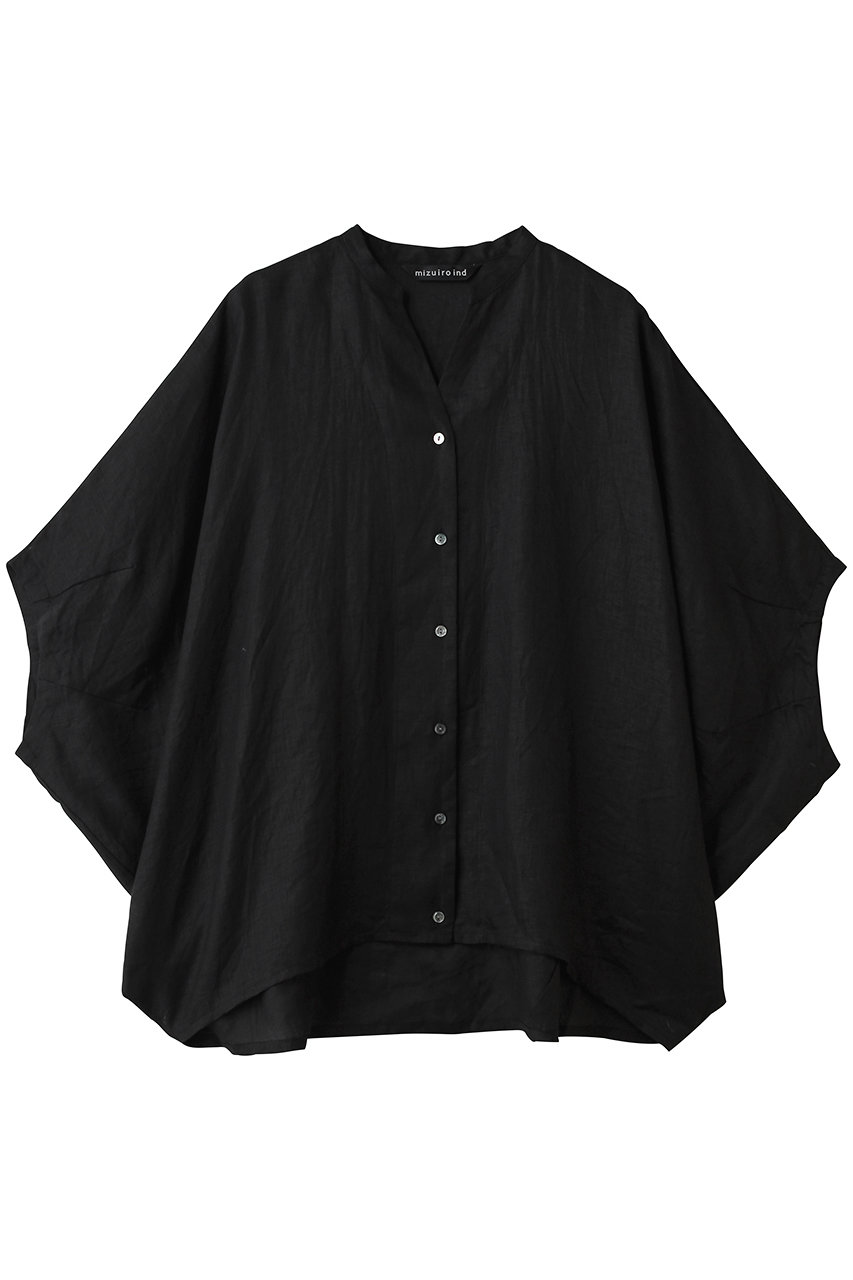 ミズイロインド/mizuiro indのlinen stand collar cocoon shirt シャツ(black/2-230136)