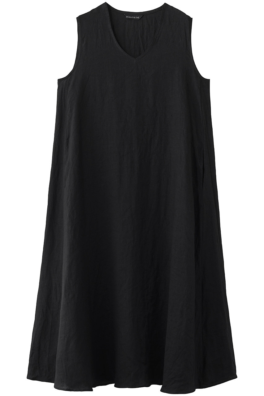 ミズイロインド/mizuiro indのlinen V neck flare OP ワンピース(blackA/2-250097)