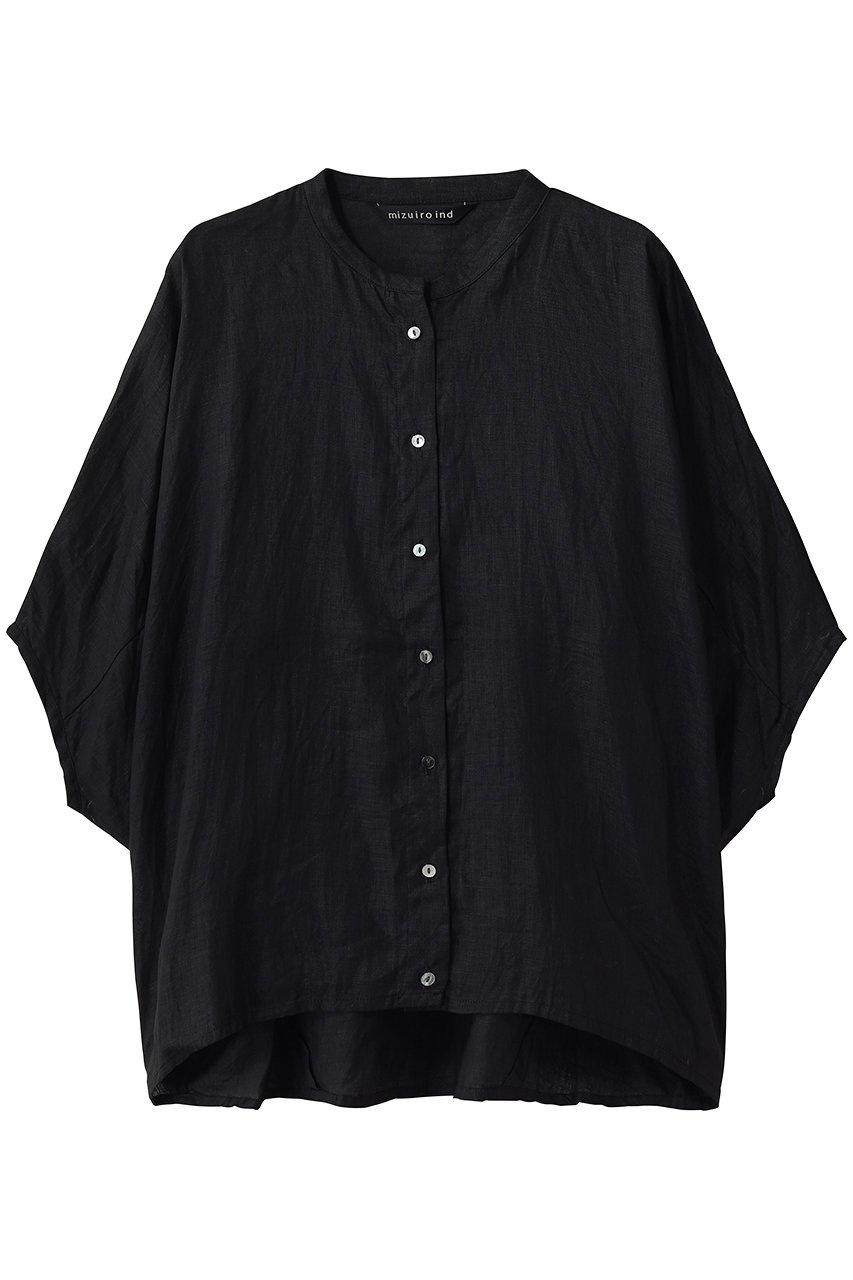 ミズイロインド/mizuiro indのlinen stand collar cocoon shirt シャツ(black/2-230148)