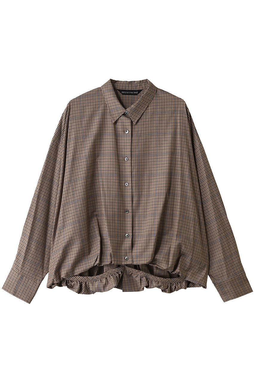 ミズイロインド/mizuiro indのcheck long slv ballon shirt シャツ(brown/3-230135)