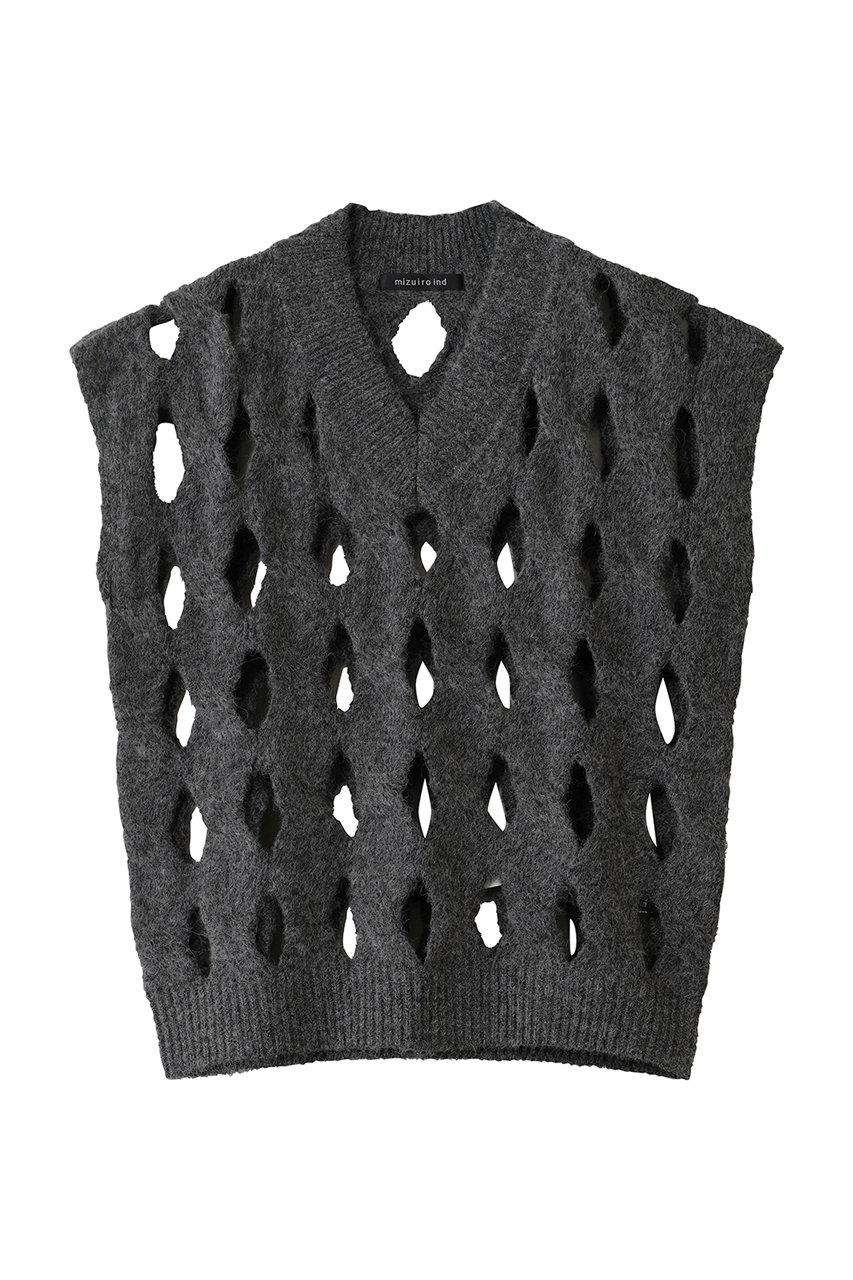 mizuiro ind cable V neck vest ベスト (gray, F) ミズイロインド ELLE SHOP