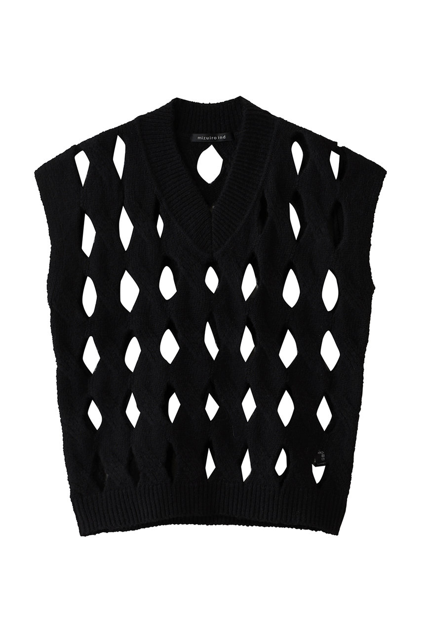 mizuiro ind cable V neck vest ベスト (black, F) ミズイロインド ELLE SHOP