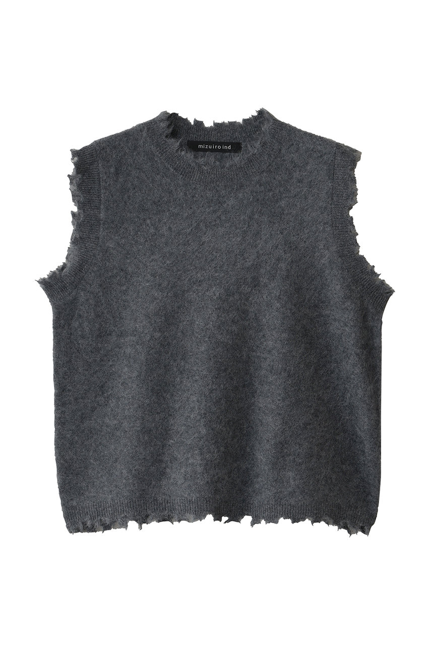 mizuiro ind rip damage crew neck vest ベスト (gray, F) ミズイロインド ELLE SHOP