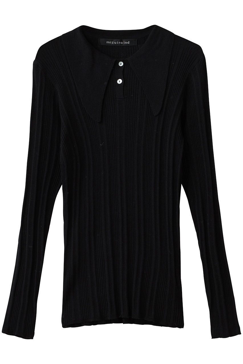 mizuiro ind long collar knit polo ニットポロ (black, F) ミズイロインド ELLE SHOP