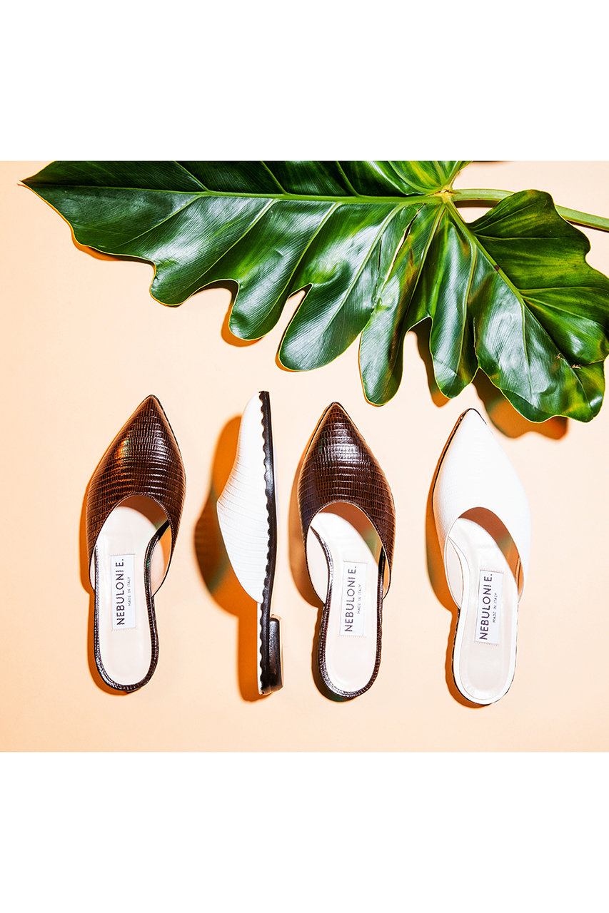 Nebuloni E ネブローニ Maca クロコ型押しスカラップソールミュール ホワイト の通販 Elleshop エル ショップ