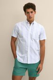 【MEN】コットン　オックスフォード　ストライプ　ショートスリーブ　フライデーシャツ