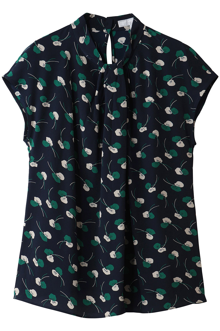 Brooks Brothers シルク リーフプリント ノットディテール フレンチスリーブ ブラウス (ネイビー, XS) ブルックス ブラザーズ ELLE SHOP