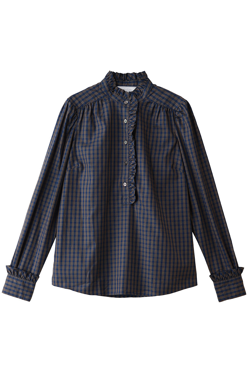 Brooks Brothers コットン ラッフルカラー プルオーバーブラウス (ネイビーマルチ, 6) ブルックス ブラザーズ ELLE SHOP