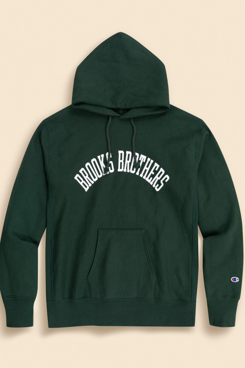 【MEN】Brooks Brothers×Champion　USAコットン　ラバープリントロゴ　フーデッド　スウェットシャツ　Made in USA