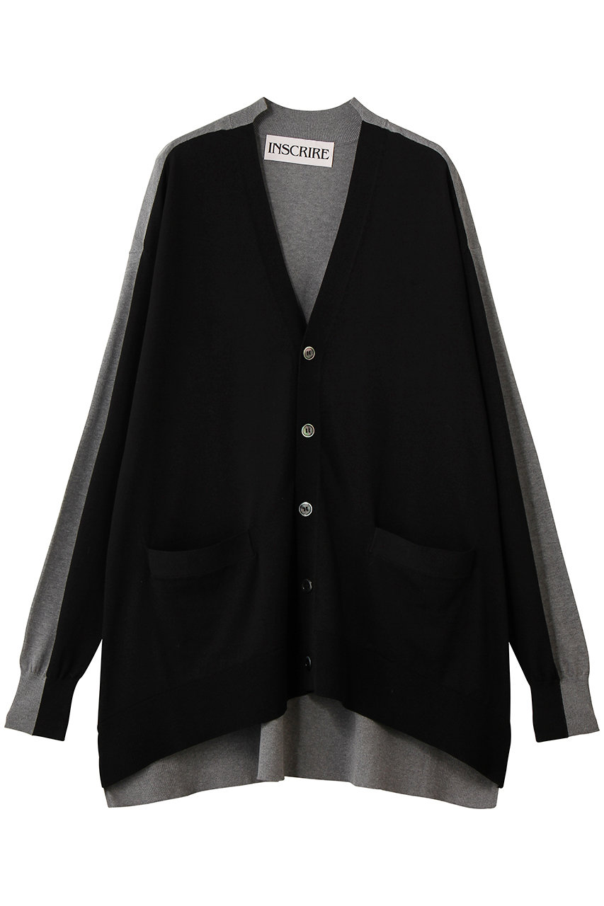 アンスクリア/INSCRIREのコットン 16G オーバー サイズ V ネック カーディガン(ブラック×グレー/I26SS-K8)