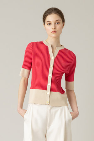 アルアバイル/allurevilleの【Loulou Willoughby】バイカラーキーネック5分袖カーディガン(110300/110303)