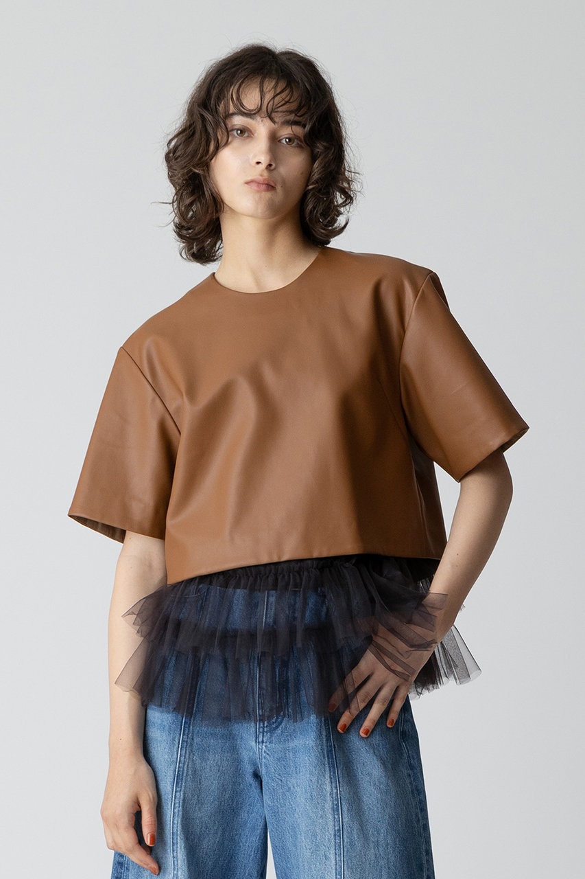 allureville(アルアバイル)｜フェイクレザーTブラウス/ブラウン の通販