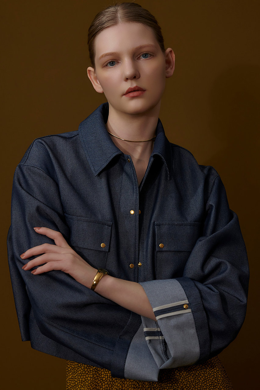 allureville(アルアバイル)｜リジッドデニムライクブルゾン/ネイビー