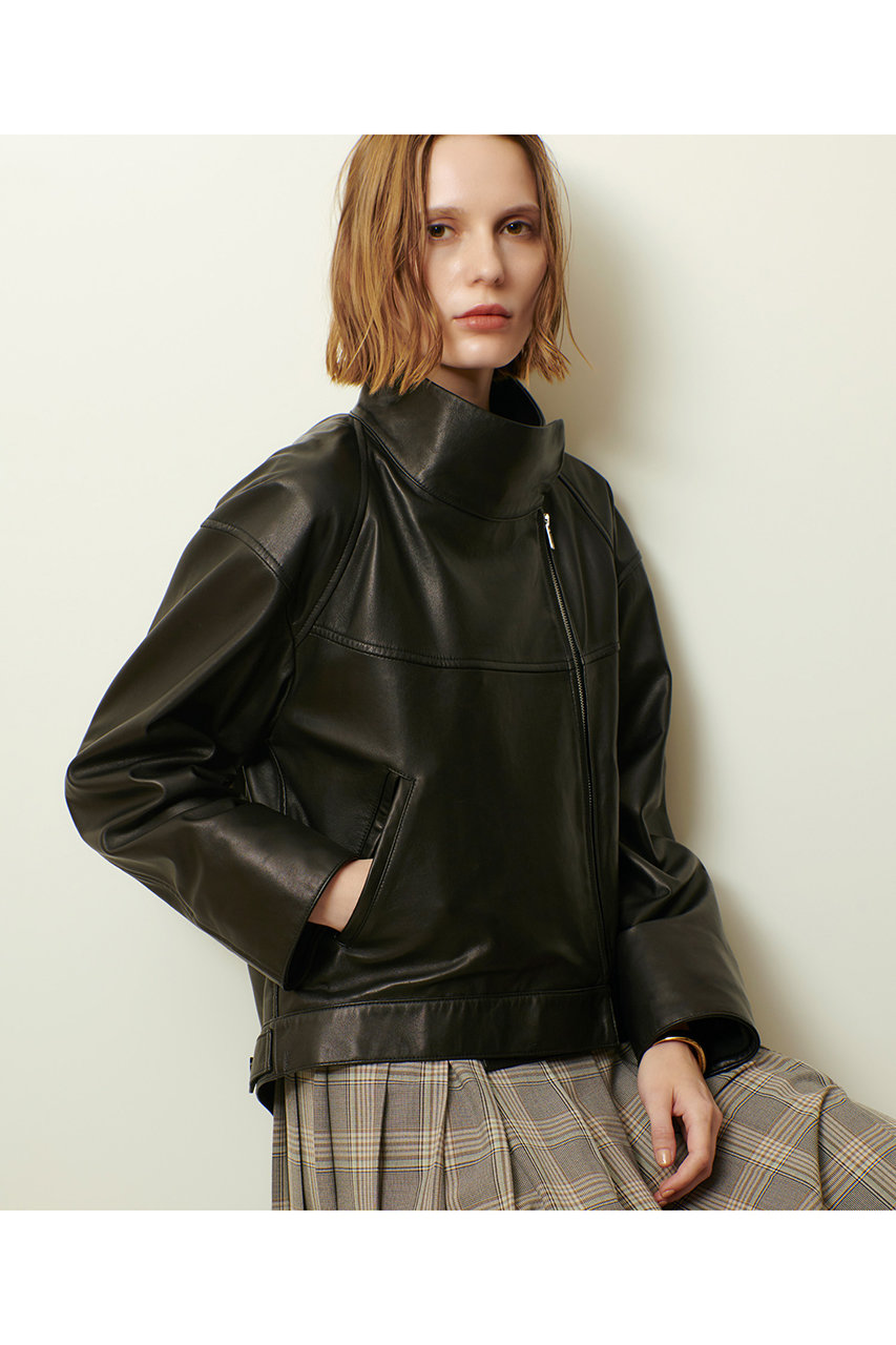 アルアバイル　レザークルーネックジャケット　ブラック　ルルウィルビー レザークルーネックジャケット|allureville OFFICIAL SITE