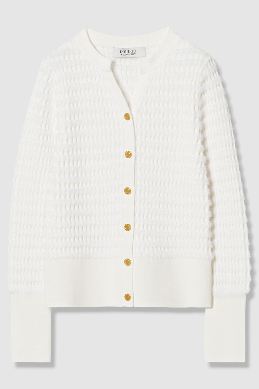 allureville 【LOULOU WILLOUGHBY】フェザーボーダーキーネックカーディガン (オフホワイト, 2) アルアバイル ELLE SHOP
