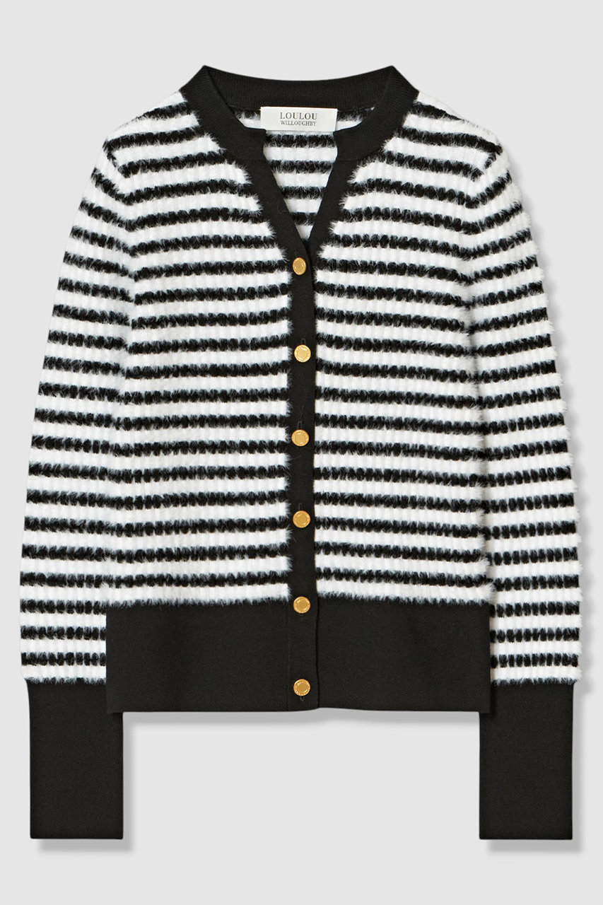 allureville 【LOULOU WILLOUGHBY】フェザーボーダーキーネックカーディガン (ブラック系, 2) アルアバイル ELLE SHOP