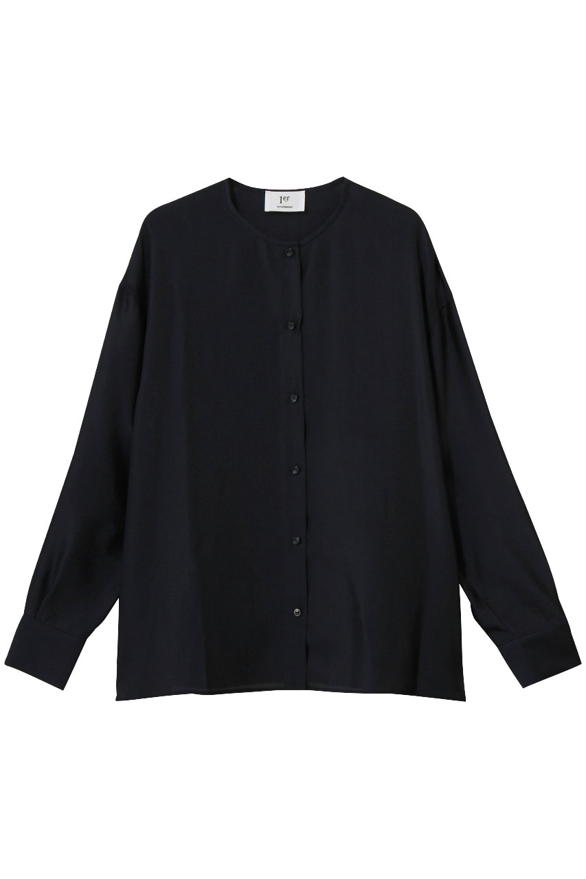 1er Arrondissement シルクライクノーカラーブラウス (ネイビー, 38) プルミエ アロンディスモン ELLE SHOP
