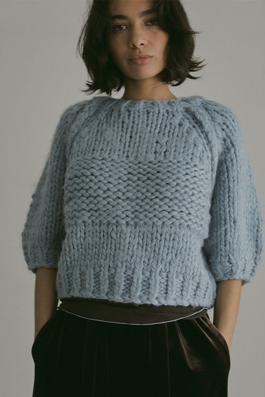 ETRE TOKYO ブラッシュドハーフスリーブハンドニットプルオーバー (ブルー, F) エトレトウキョウ ELLE SHOP ETRE TOKYO ブラッシュドハーフスリーブハンドニットプルオーバー (ブルー, F) エトレトウキョウ ELLE SHOP