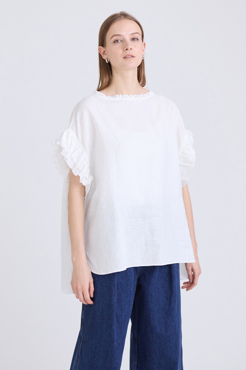 HOUSE OF LOTUS ウォッシュリネンVネック七分フリル袖ブラウス 新品 リネンフリルブラウス ｜ハウス オブ ロータス＜HOUSE OF LOTUS