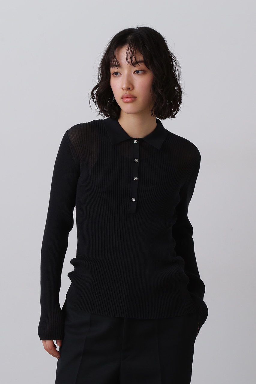 YLEVE シアーリブニットスキッパーポロ YLEVE / イレーヴ】 SHEER RIB KNIT SKIPPER POLO - BLACK
