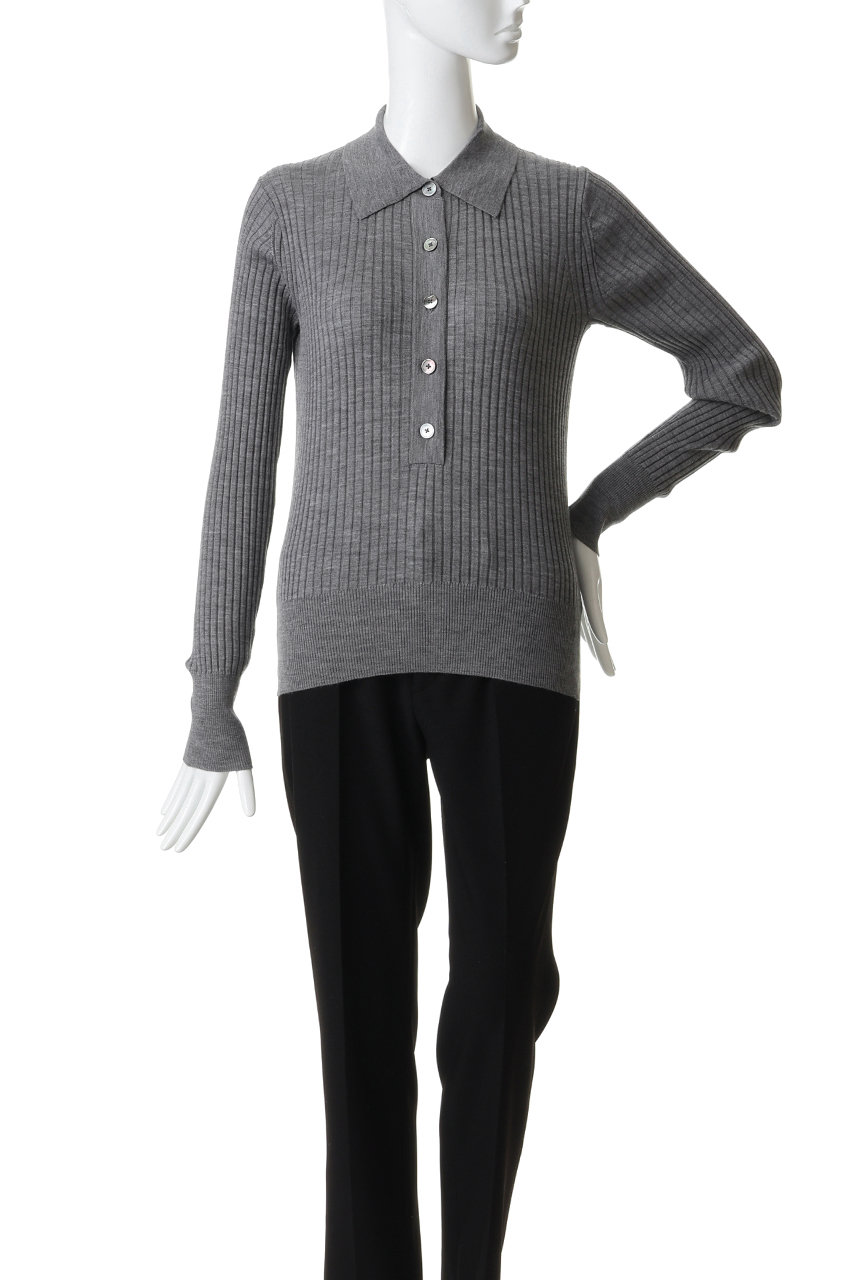 YLEVE(イレーヴ)｜ウール シルク カシミア リブ ニット ポロ/グレー の