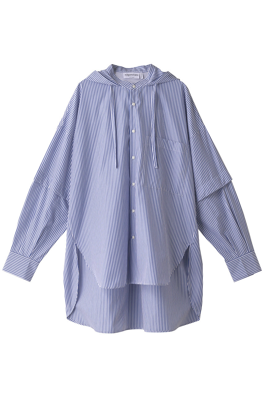 ＜ELLE SHOP＞ nagonstans コットンストライプ レイヤードフードシャツ (ブルー M) ナゴンスタンス ELLE SHOP