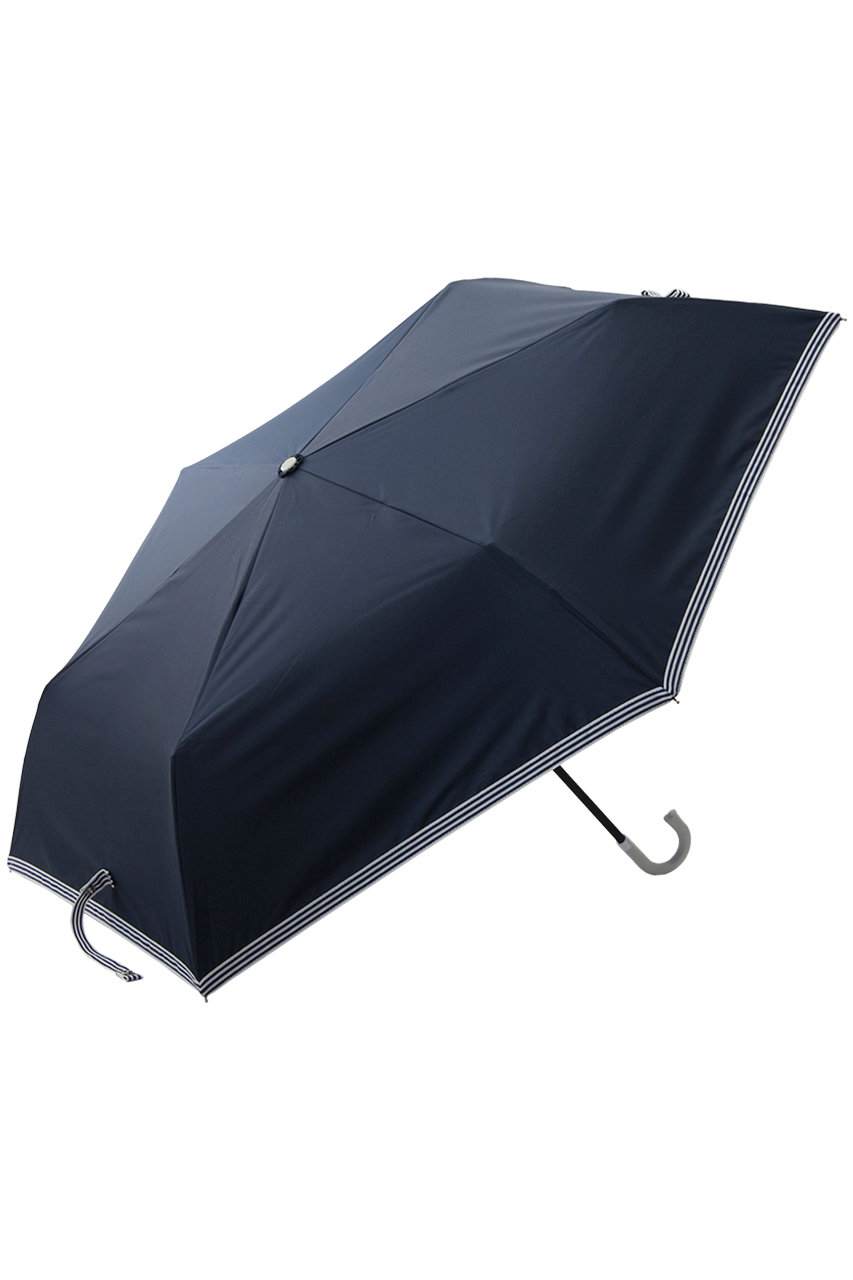 ＜ELLE SHOP＞ MOONBAT D-BTS ﾐﾆ ﾎﾞｰﾀﾞｰﾃｰﾌﾟﾘﾎﾞﾝ晴雨兼用折りたたみ傘 (ネイビー) ムーンバット ELLE SHOP画像