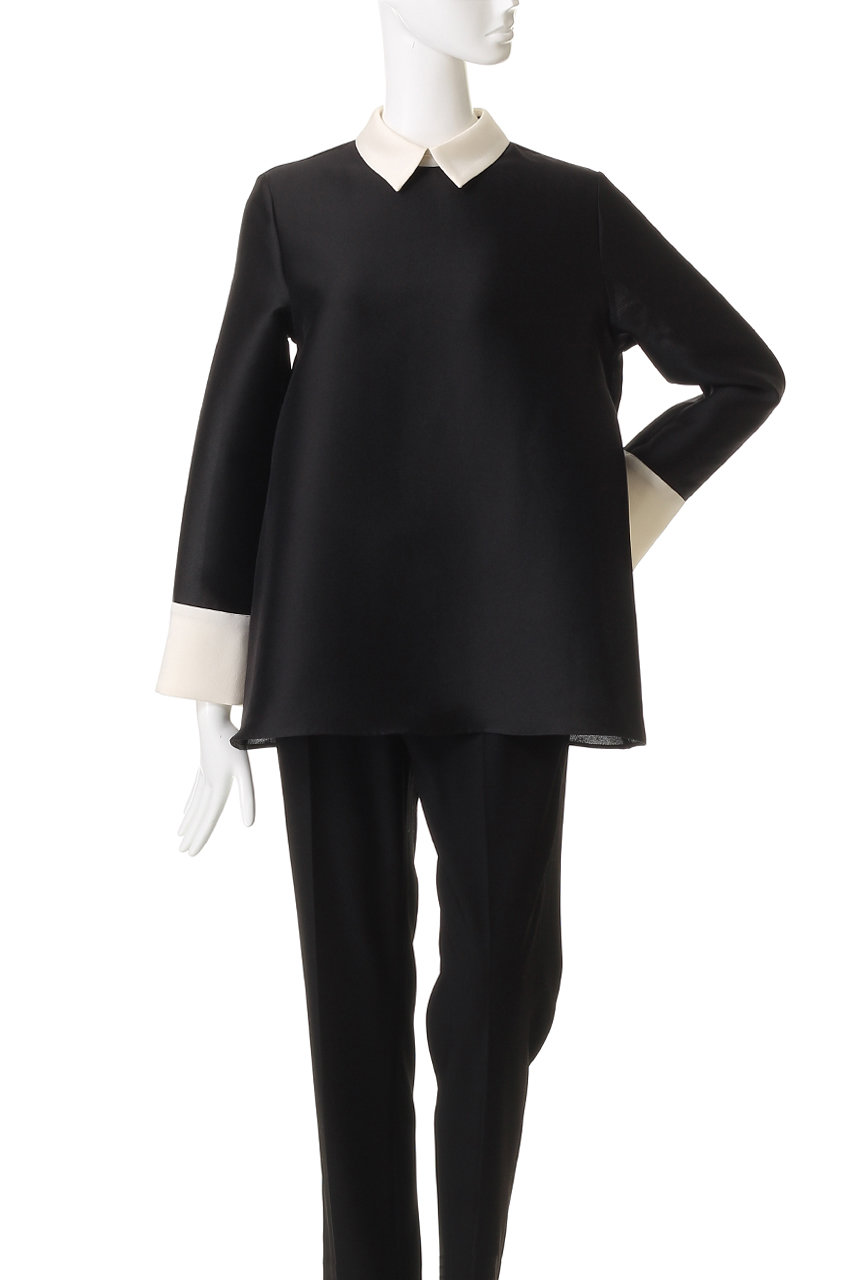 【美品】M fil タイカラーブラウス　リーフプリント　モノトーン　38 セットアップ対応商品】リーフカリグラフィープリントタイ ブラウス