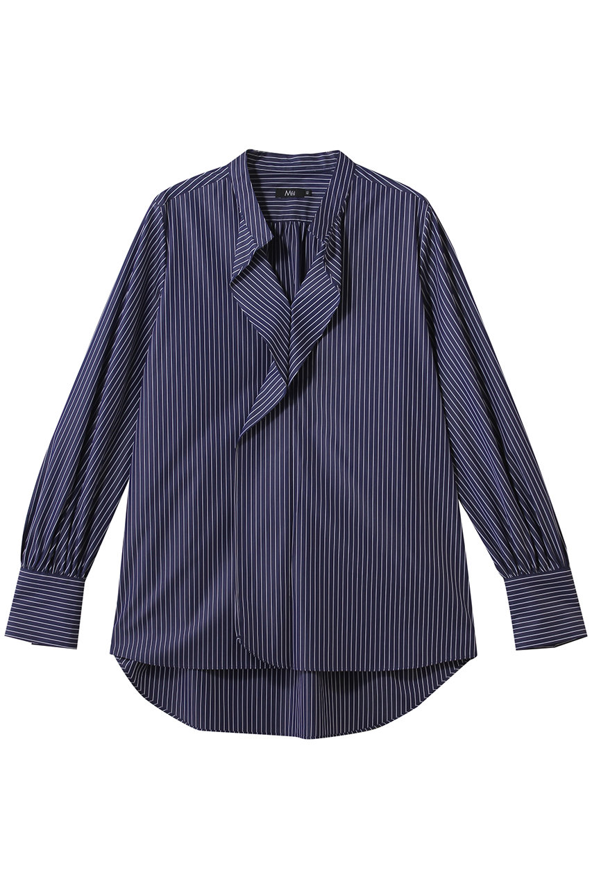 エムフィル/M・filのポリエステル コットン ストライプシャープ フリルブラウス(ネイビー/260-15973)