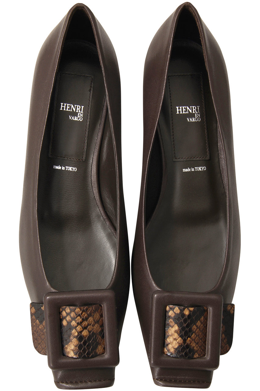 HENRI EN VARGO ヘンリ エン ヴァーゴ 【ELLE SHOP限定】Mimi スクエアトゥバックルフラットシューズ ダークブラウン×パイソン