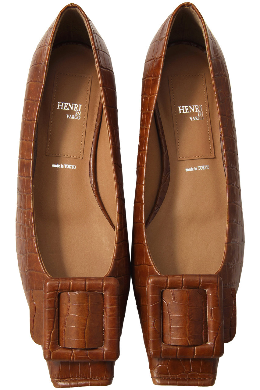HENRI EN VARGO ヘンリ エン ヴァーゴ 【ELLE SHOP限定】Mimi スクエアトゥバックルフラットシューズ クロコ型押しブラウン
