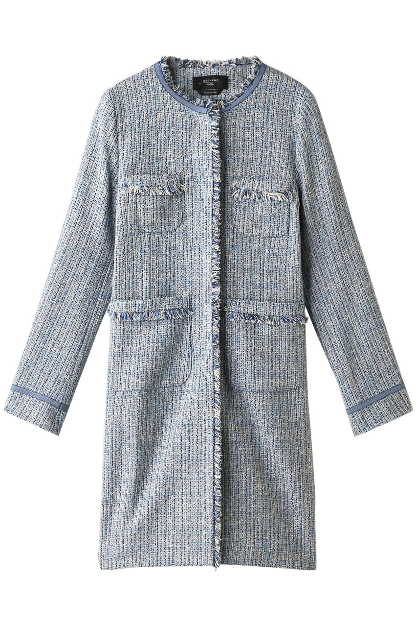 Weekend Max Mara ウィークエンド マックスマーラ ノーカラーツイードロングコート ライトブルー