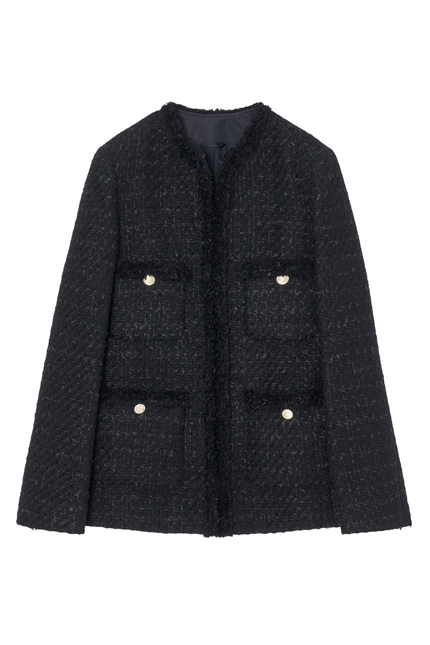 ANAYI ミックスツイードロングノーカラージャケット (ネイビー, 36) アナイ ELLE SHOP