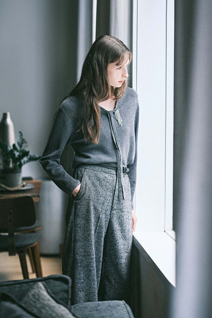 ANAYI(アナイ)｜ウールシルクツイードワイドパンツ/ブラック の通販