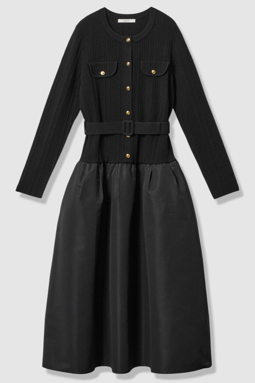 ANAYI グログランコンビベルト付き ワンピース (ブラック, 38) アナイ ELLE SHOP ANAYI グログランコンビベルト付き ワンピース (ブラック, 38) アナイ ELLE SHOP