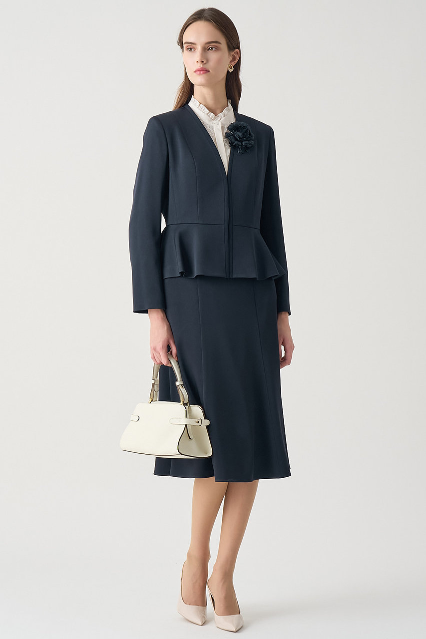 【ANAYI アナイ】トリアセテンペプラムジャケット　サイズ36 ネイビー ANAYI ジャケット ノーカラージャケット トリアセサテンペプラム