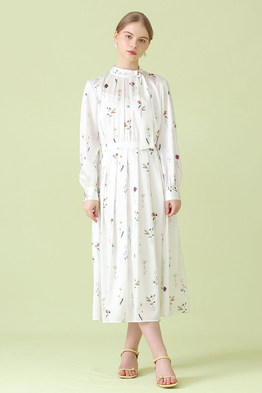 ANAYI(アナイ)｜ボタニカルサテンプリントタック ワンピース/ホワイト