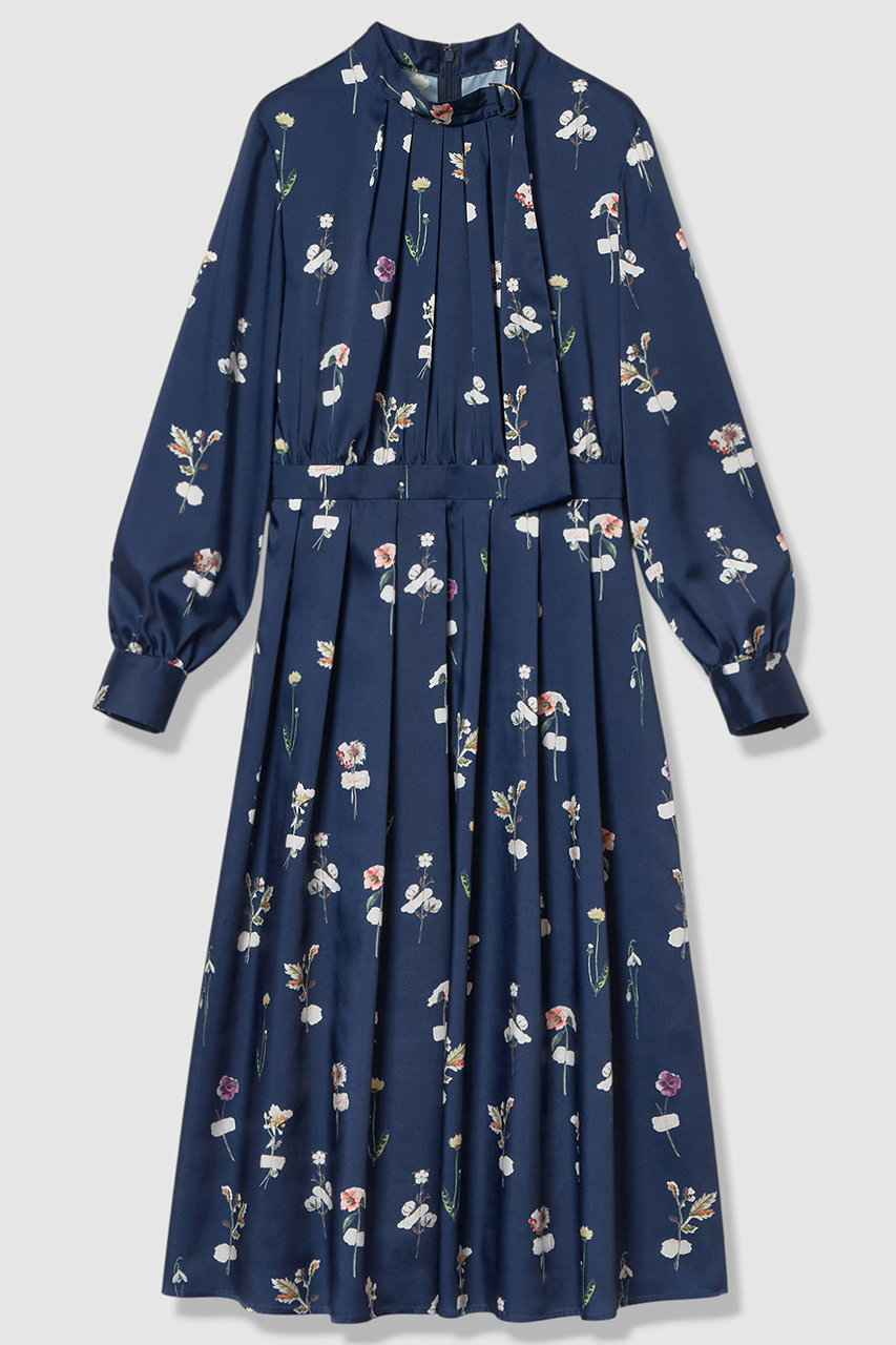 ANAYI ボタニカルサテンプリントタック ワンピース (ネイビー, 36) アナイ ELLE SHOP