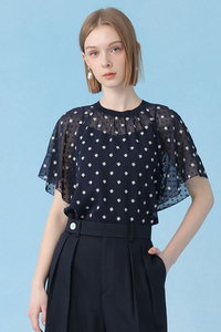 ANAYI(アナイ)｜フラワー刺繍ドットフレア ワンピース/ネイビー の通販