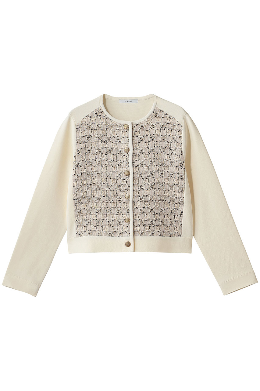 ANAYI ベージュミックスツイードクルーカーディガン (ベージュ, 38) アナイ ELLE SHOP