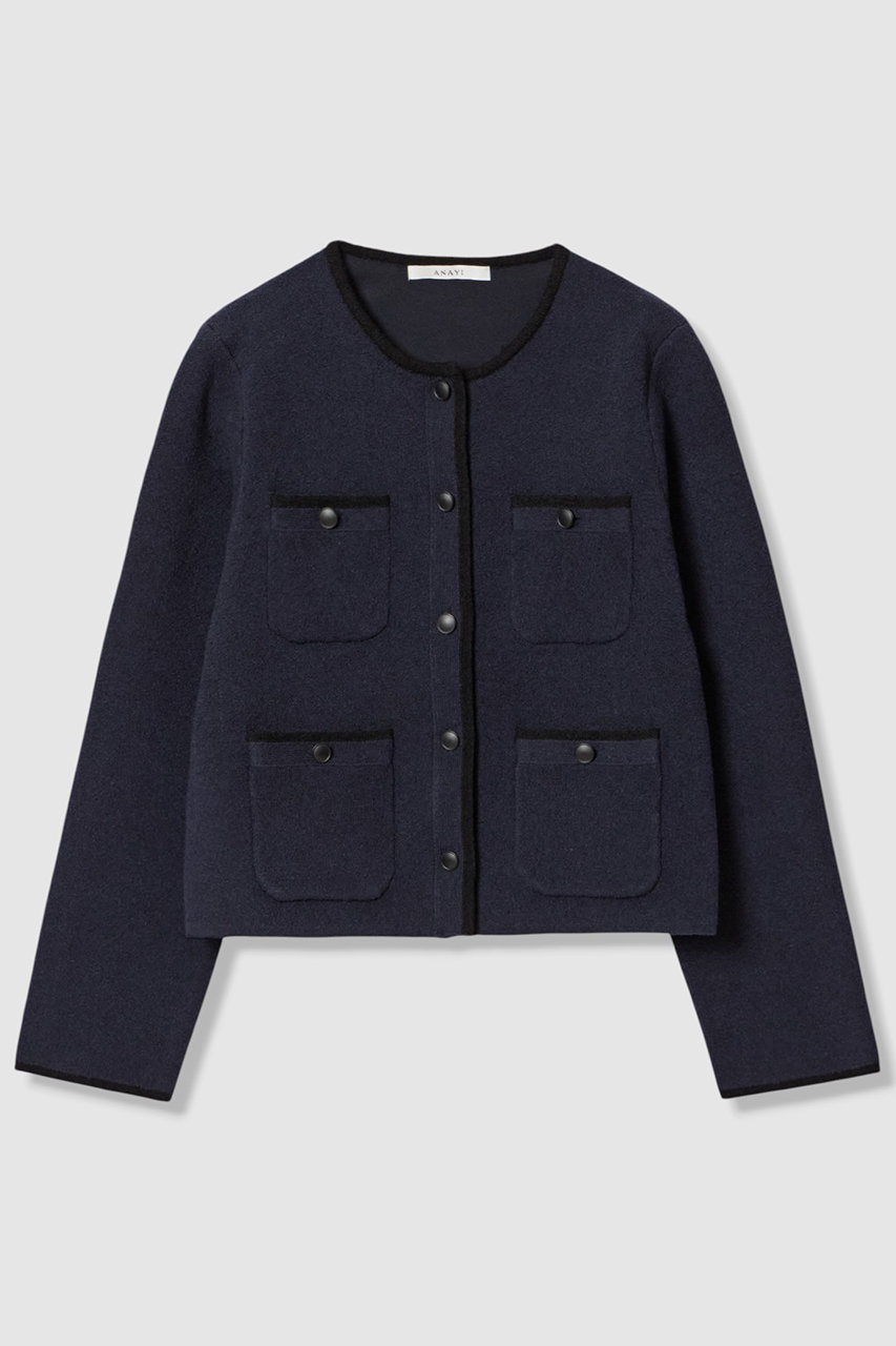 ANAYI ミニブークレダブルフェイスポケット カーディガン〈セットアップ対応商品〉 (ネイビー, 38) アナイ ELLE SHOP